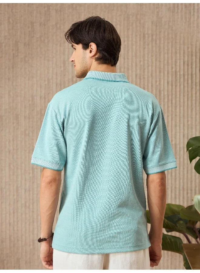 Beyoung Mint Blue Melange Texture Regular Fit Solid Polo Tshirt